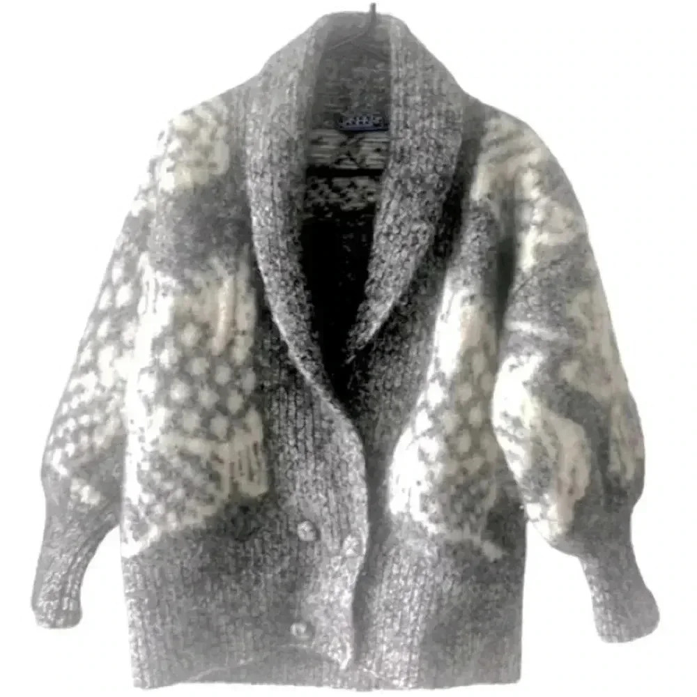 JAHARI 100% GREY WHITE WINTER  COLLAR WOOL HAND KNITTED SIZE S/M DOUBLE BREAST